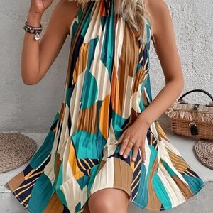 Women's Dresses Wedding Guest Dress Geo Print Pleated Hem Halter Dress dressesdr